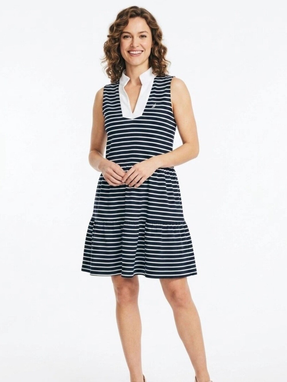 Nautica Navy & White Striped Sleeveless V-Neck Dress